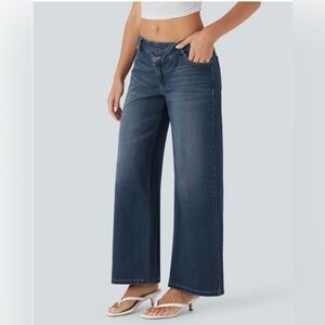 HALARA Asymmetric Dark Blue Stretch Denim Wide Leg Jeans Women’s S Reg NWT